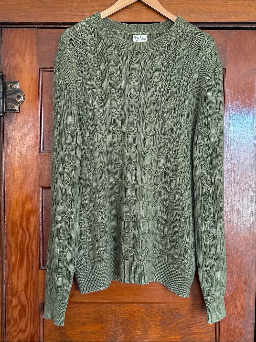 J. Crew Green Crewneck Plaited Linen Cotton Blend Cable-Knit Sweater XL Preppy
